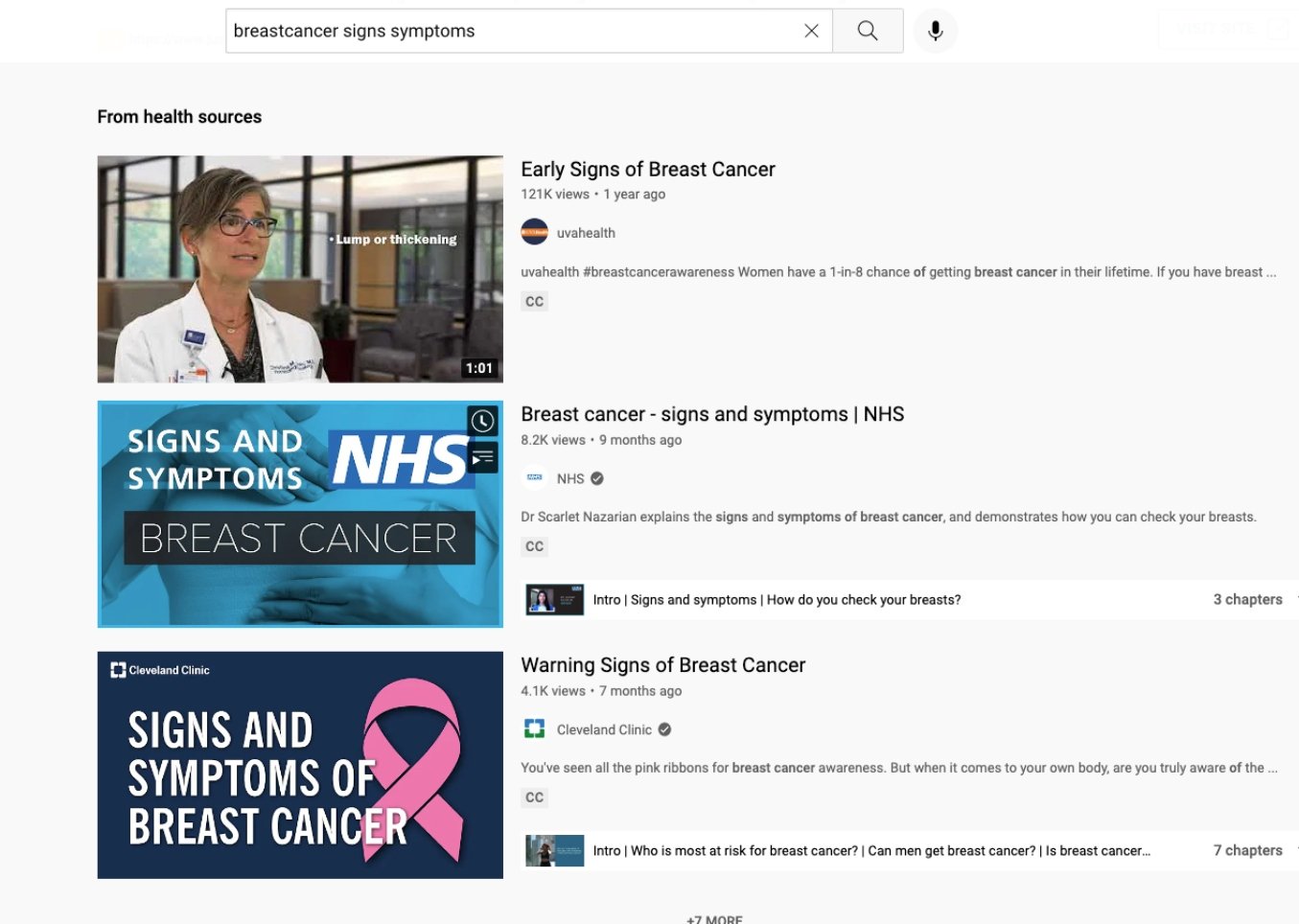 YouTube search for breast cancer symptoms with 3 videos from health sources including an NHS video on breast cancer symptoms