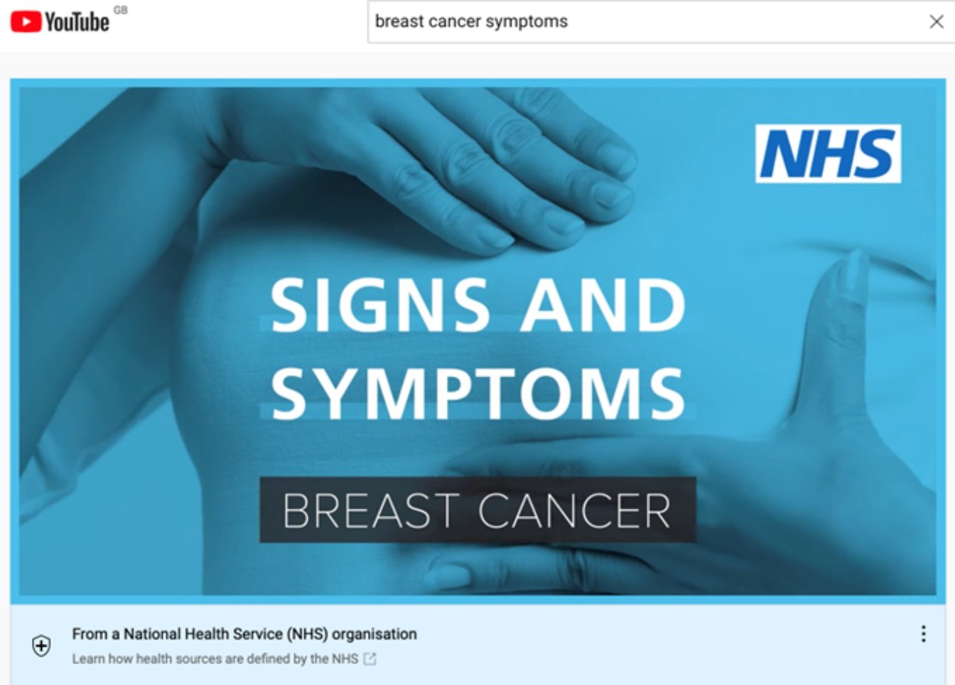 A video about breast cancer on YouTube with an information panel that says the video is from an NHS organisation.