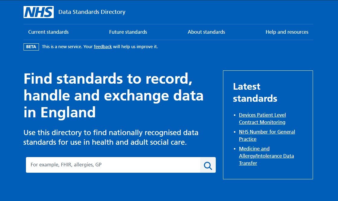 A screen shot of the Standards Directory web page