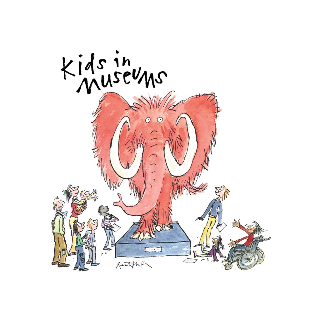 illustration of people looking at a pink mammoth with the words Kids in museums above in handwritten text