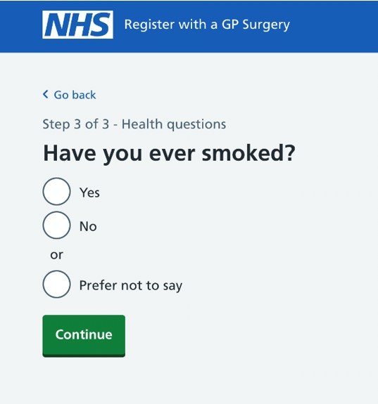 Register for a GP service question form 'have you ever smoked?'