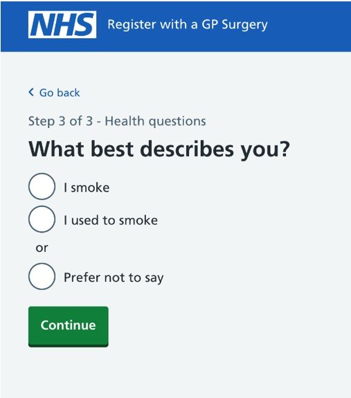 Register for a GP service registration form questions about smoking