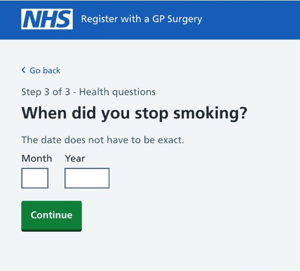 Register for a GP service online form 'when did you stop smoking?'