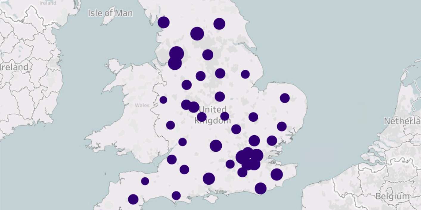 Map of England with different sized dots superimposed to indicate search results of where potential participants are located.