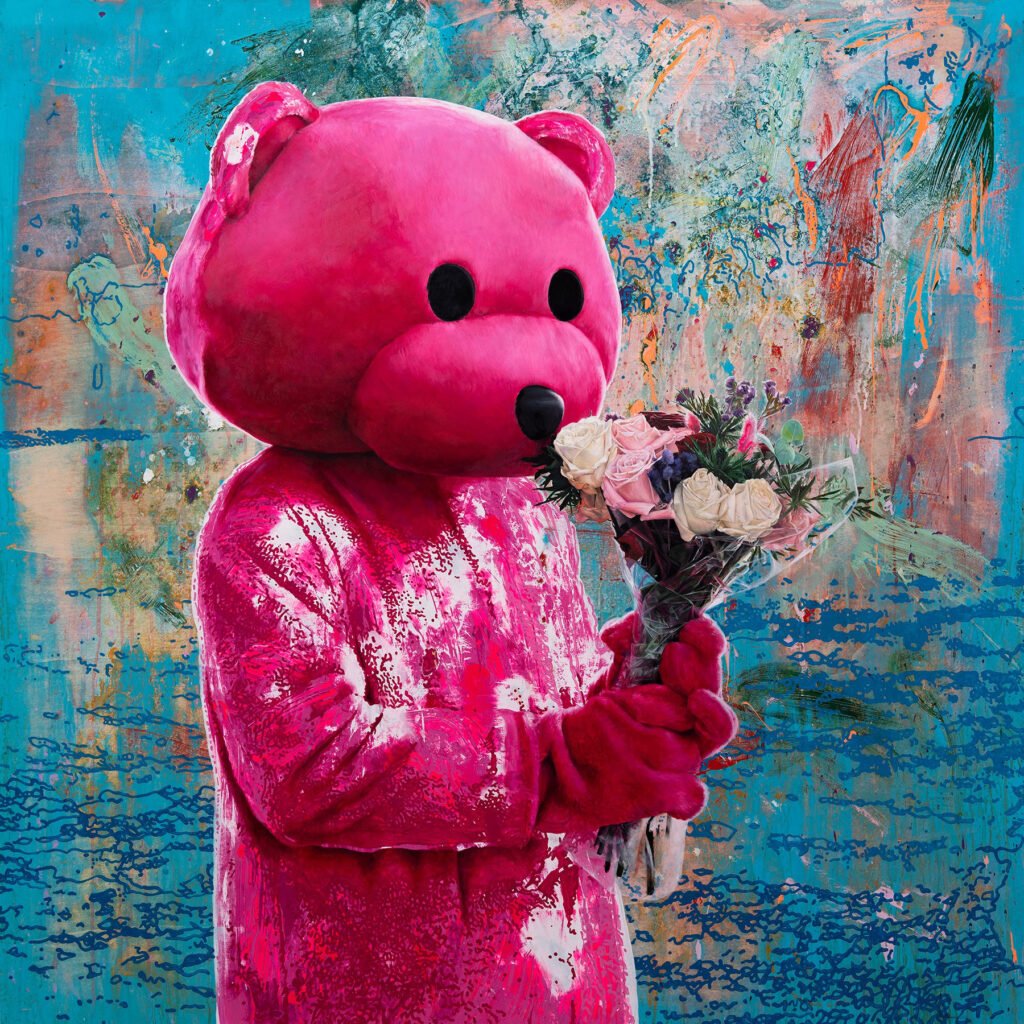 Painting of a person wearing a pink bear costume holding a bouquet of flowers in both hands. The painterly background is bright blue with areas of pink.