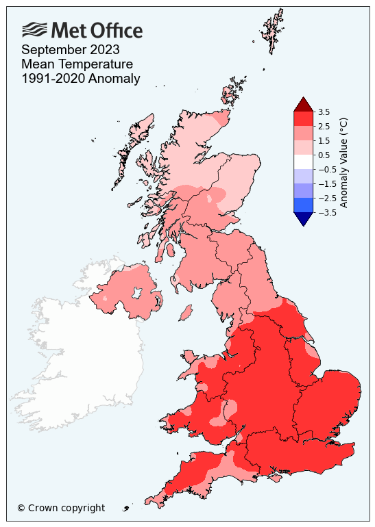 September 2023 mean temperature map versus average. The map shows a much warmer than average month, especially in southern and central areas. 