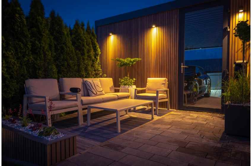 A garden seating area needs good lighting to enjoy moonlit dinners