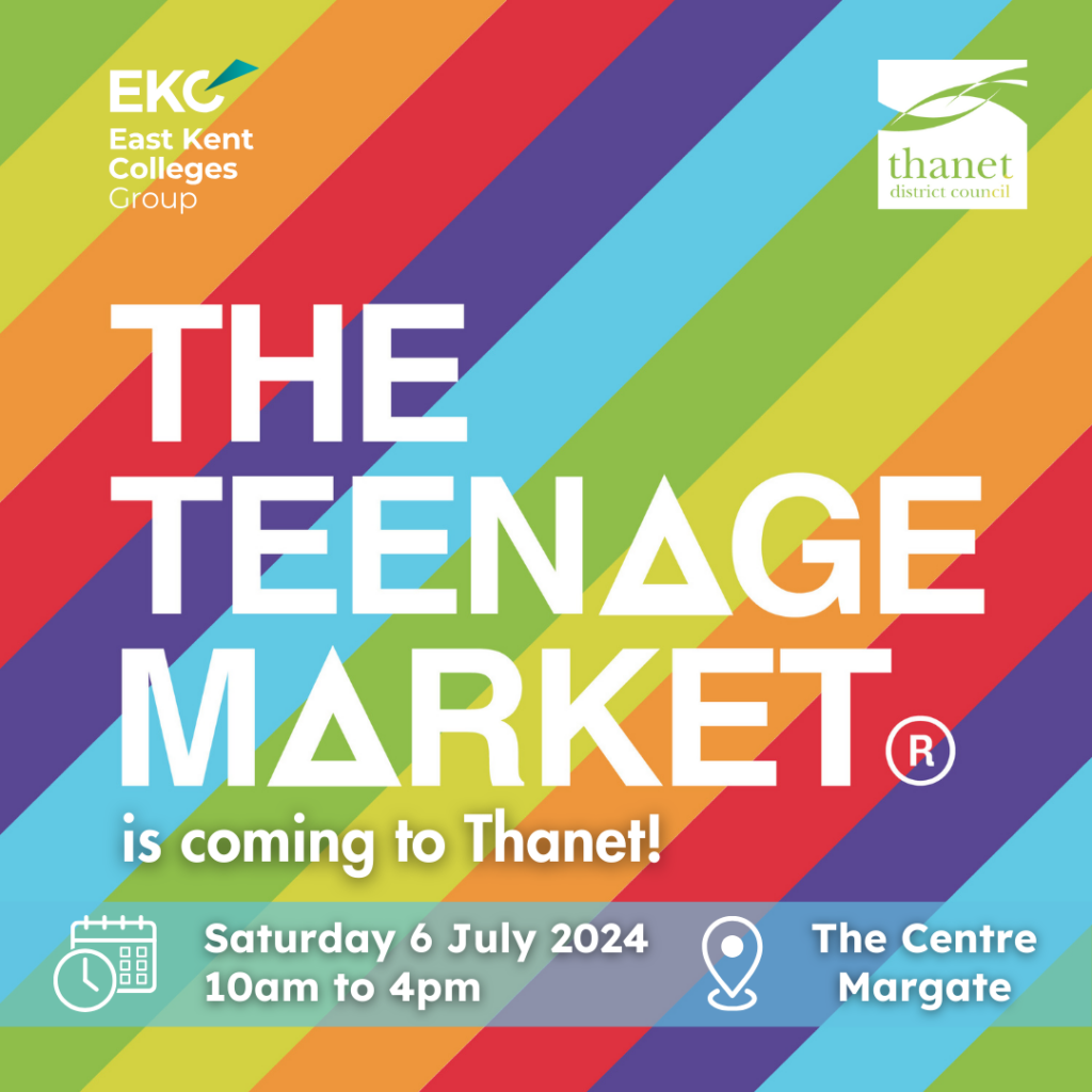 Diagonal rainbow striped background White text: The Teenage Market is coming to Thanet. Saturday 6 July 2024. 10am to 4pm. The Centre, Margate. Top left corner EKC Group white and logo. Top right corner, Thanet District Council white logo